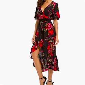 KorMei Dress High Low Ruffled Full Bloom Floral Flowy XL Black Red